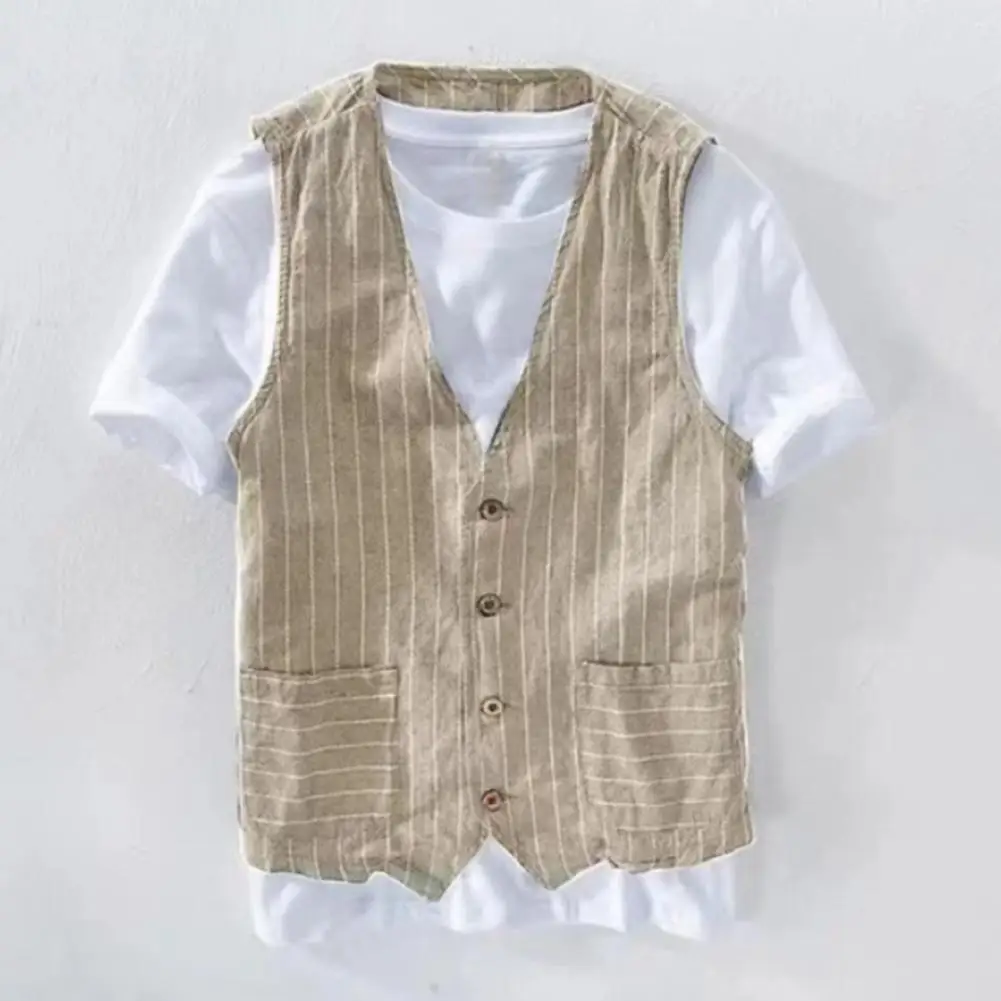 

V-neck Sleeveless Vest Stylish British Men's V-neck Striped Waistcoat with Pockets Sleeveless Retro Vest Coat for Fashionable