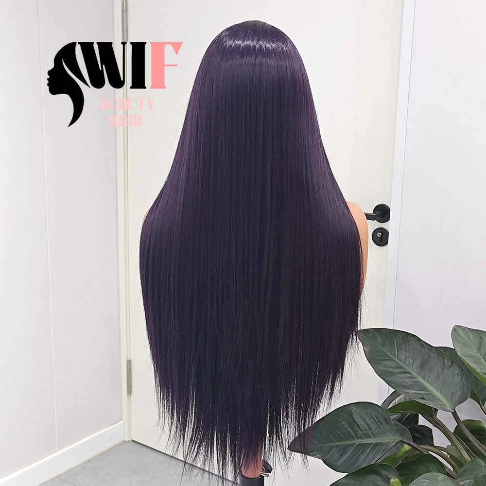 WIF Dark Purple Straight Synthetic Wig Long Straight Free Part Lace Front Wigs Natural Hairline Purpl Hair Daily Makeup Use Wig