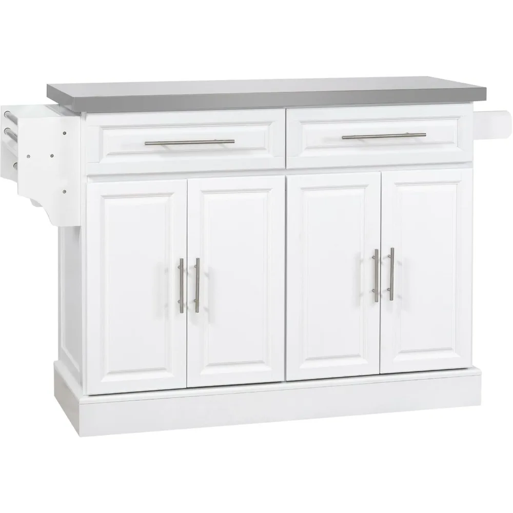 Portable kitchen cart with storage space, stainless steel top, 2 drawers, spice, knife and towel rack and cabinet, white