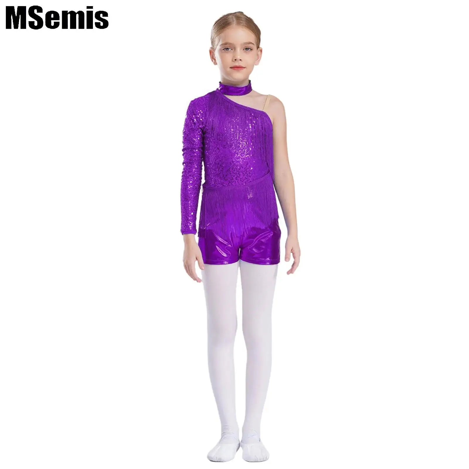 

Kids Girls Sequins Latin Dance Leotard Tassel Metallic Jumpsuit Halter One Shoulder Shiny Leotard