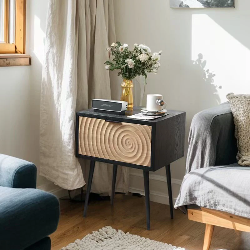 

Designer wabi **** retro bedside table bedroom black creative medieval tall small log annual ring bedside table