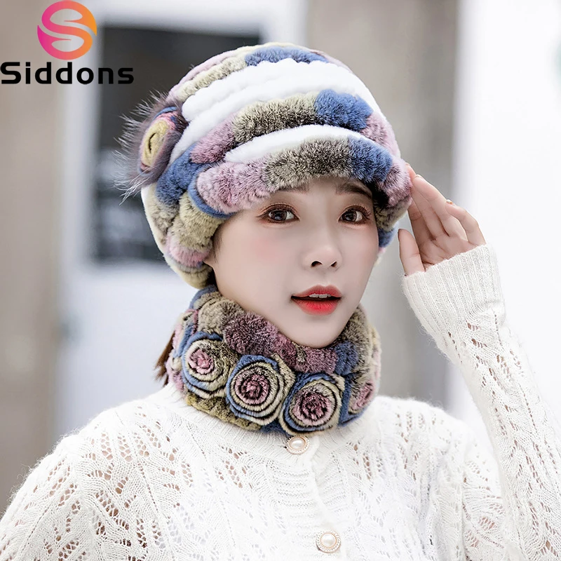 New Women Winter Knit Real Rex Rabbit Fur Hat Scarf Sets Natural Warm Fur Cap Scarves 2 Pieces Girl Quality Real Fur Hat Muffler