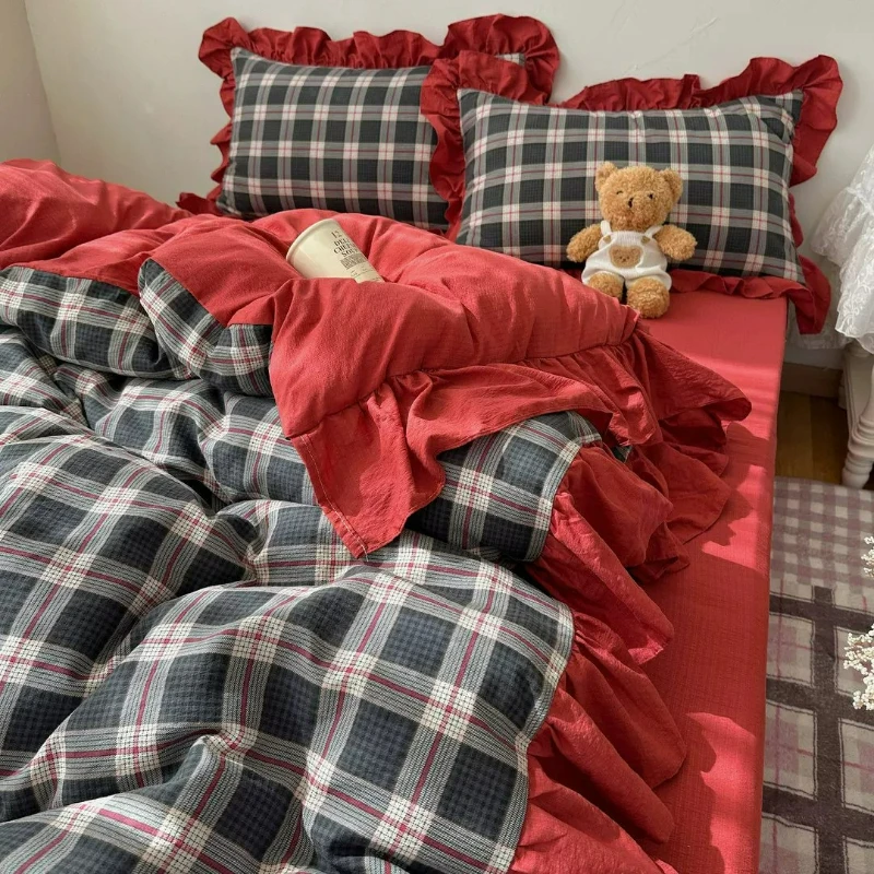 frilly plaid striped washed cotton 4-piece set, small fresh duvet set 3-piece set 0.9m1.5m1.8m2m bed sheet fitted sheet bedding