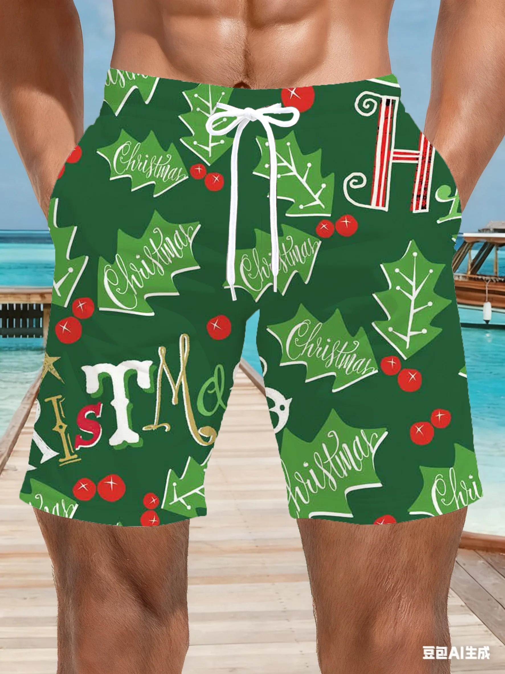 Vacanza estiva Vacanza Pantaloncini hawaiani Pantaloncini da bagno natalizi da uomo Rosso e bianco Fiocco di neve e agrifoglio Stampa Abbigliamento da spiaggia ad asciugatura rapida