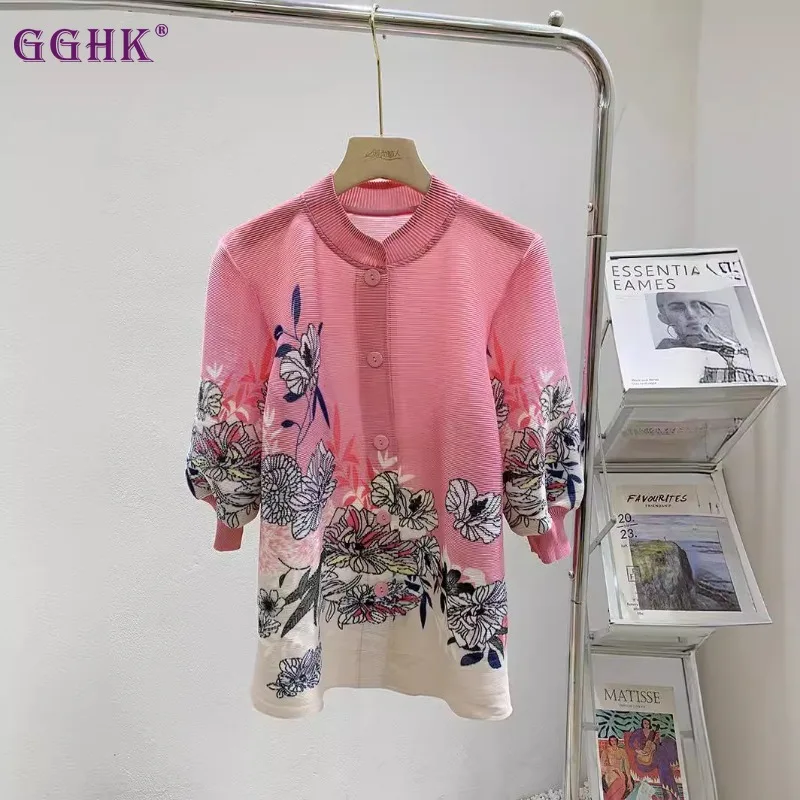 GGHK Wrinkled Chinese Style Women Top 2024 Summer New Item with Lapel Collar and Lantern Sleeve Print Design Female Top