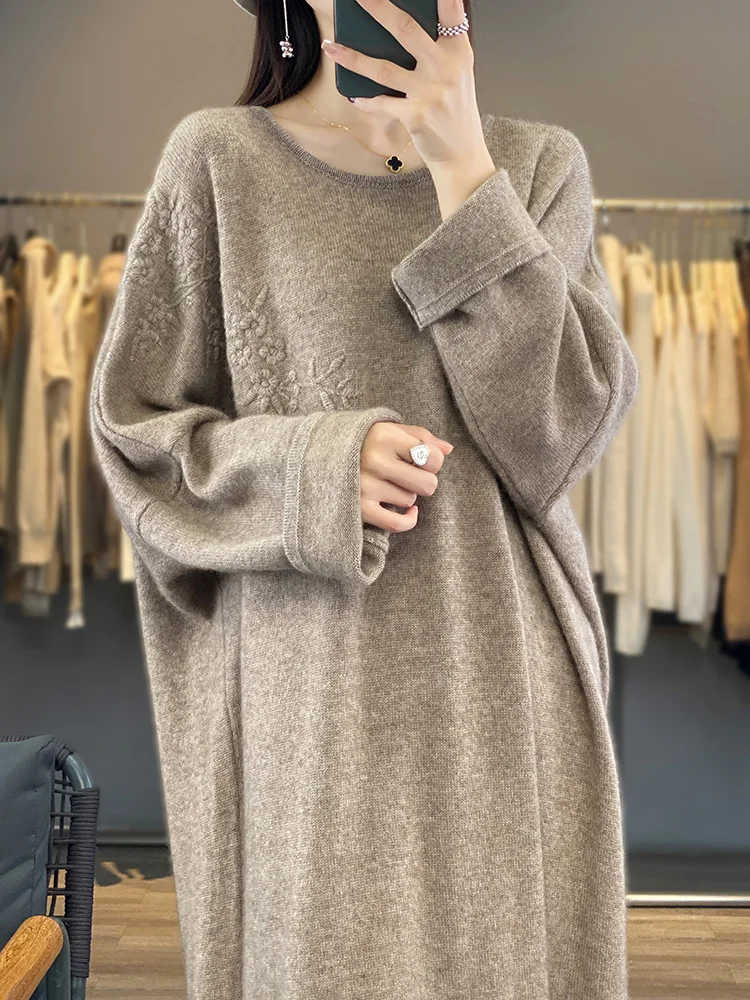 Women Knit Dress Oversize Embroidered Flowers 100% Wool Crew Neck Drop-Shoulder Sleeve Autumn Winter Dress O-neck Long Sweaters