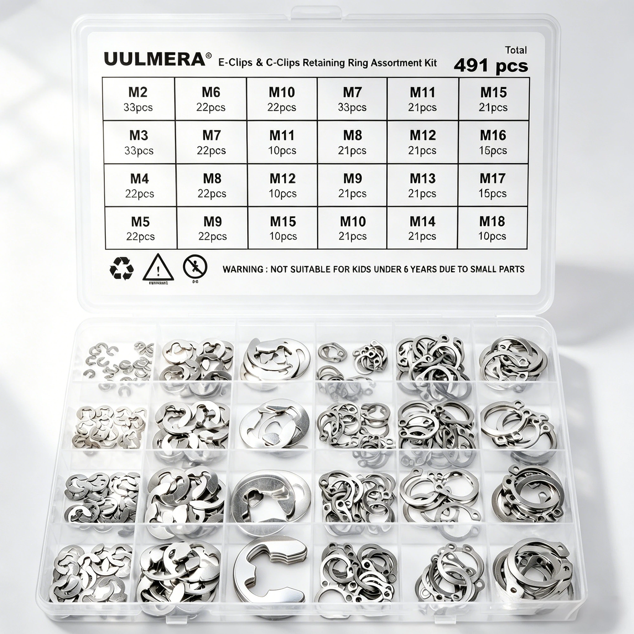 491pcs 304 Stainless Steel C Clip and E-Clips Assortment Kit External Retaining Rings Set Metric Snap Ring for Marine Auto
