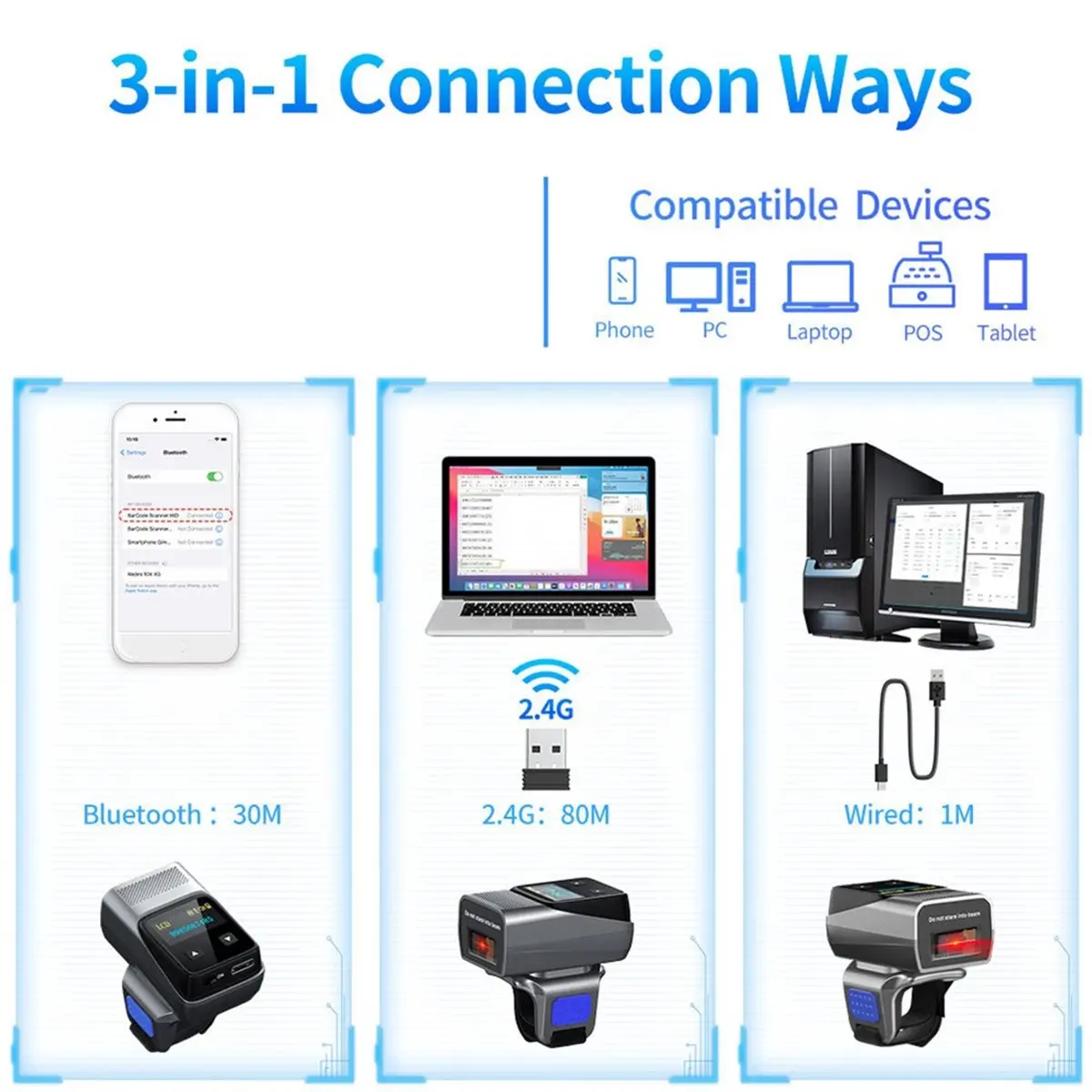 ★♠♥Y859A Hot Sale-Ring Barcode Scanner, Bluetooth Finger QR Code Reader, 1D Laser/2D Mini with Screen Scanning Support, with Scr
