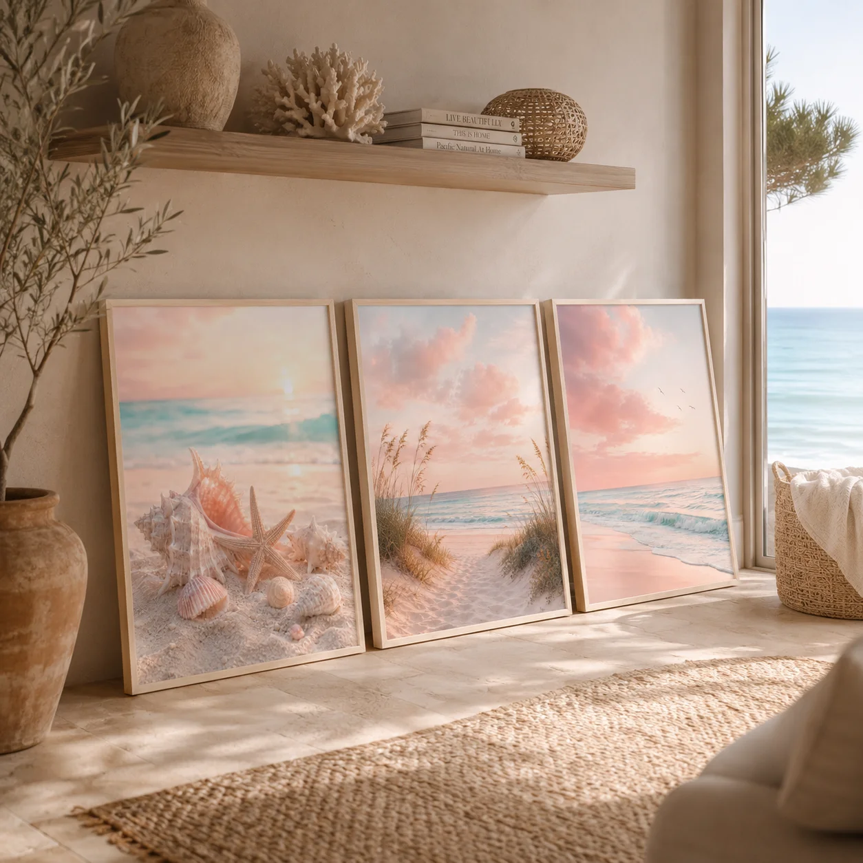 Nordic Coastal Beach Wall Art Pink Sunset Canvas Painting Tropical Ocean Palm Tree Poster Print Living Room Decor