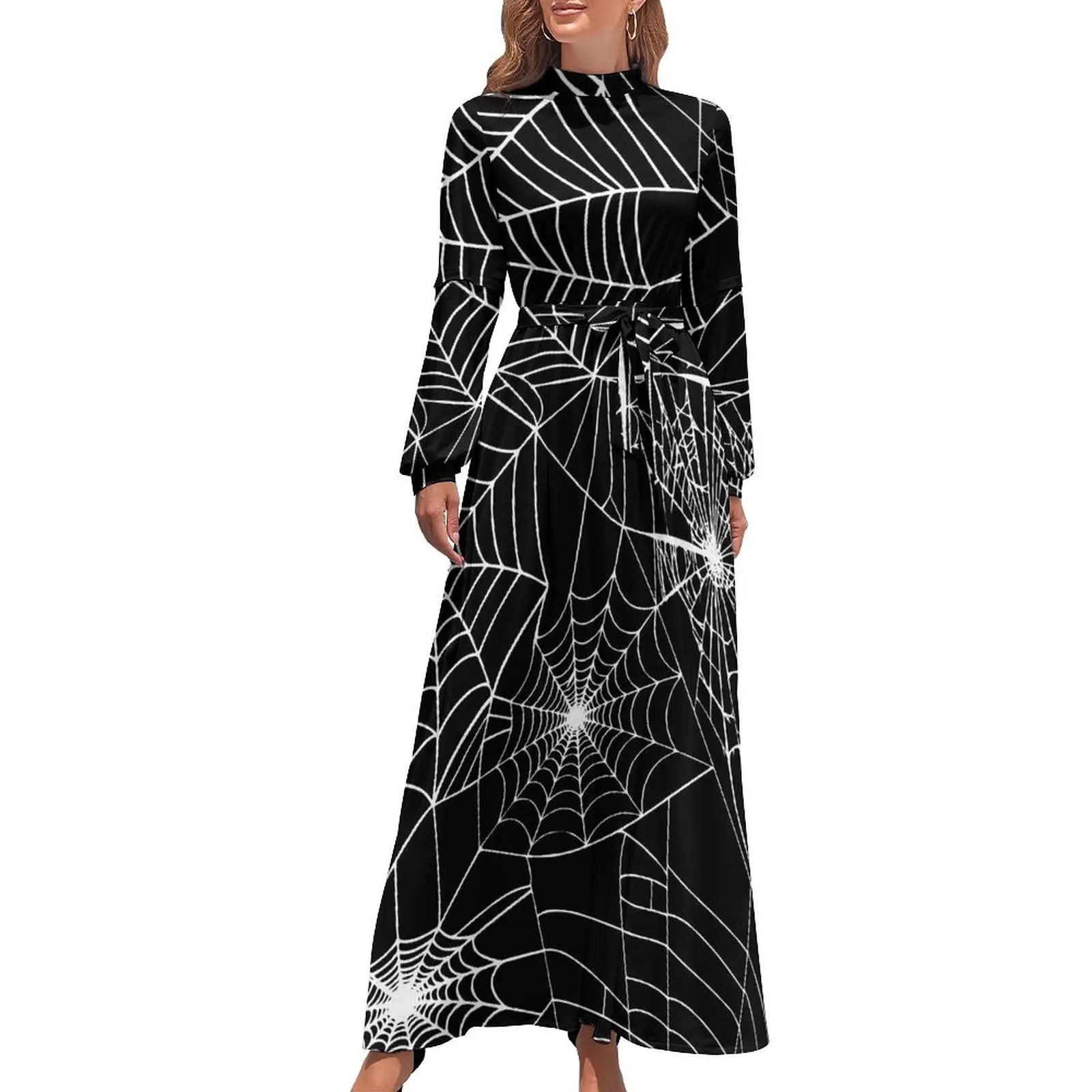 Spooky Halloween Dress Long-Sleeve Spider Web Elegant Maxi Dress High Neck Aesthetic Design Boho Beach Long Dresses Gift