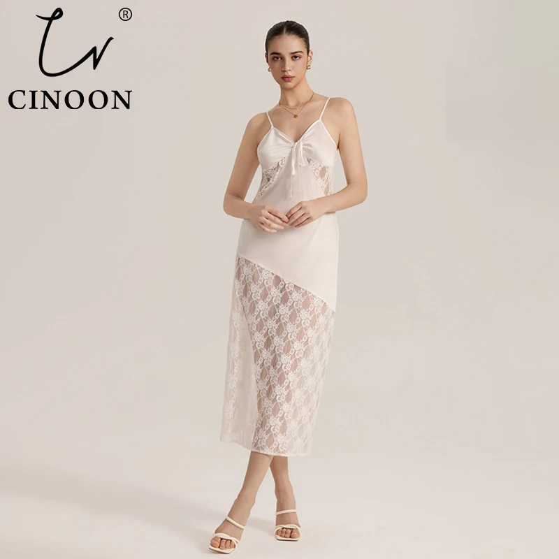 

CINOON Women Sexy Lace Panels Satin Nightgown Sexy Elegant Solid Color Mesh Maxi Lingerie Silky Transparent Backless Nightdress