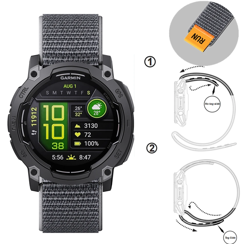 Nylon-Schlaufenarmband für Garmin Instinct 2/2X/3, 22mm 26mm Metallfreies Klett-Sportarmband, Leichtes Atmungsaktives Ersatzband – Detail 1