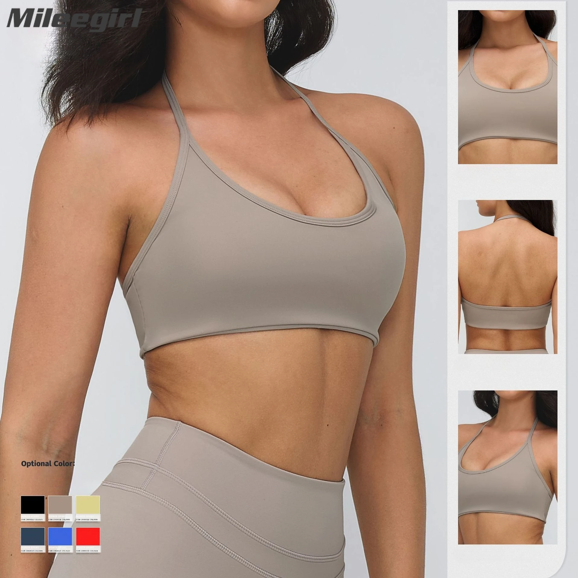 

Mileegirl Strappy Women Sports Bras Detachable Pads Yoga Crop Tops Low U Neck Gym Pilates Halter Open Back Workout Bralettes