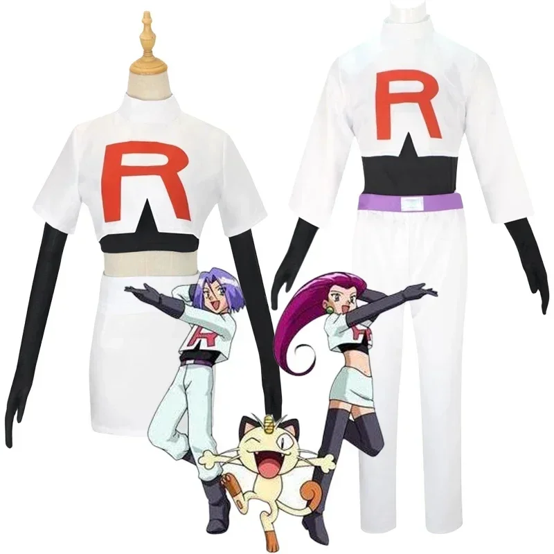 

Anime Rocket Team Cosplay Costume James Kojiro Jessie Musashi Cosplay Uniform Full Set Halloween Comic Con Costume for Women Men