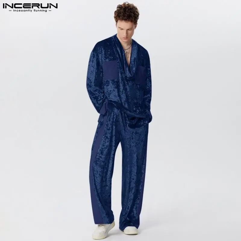 

INCERUN Men Sets Solid Color Velour Patchwork V Neck Long Sleeve T Shirt & Pants 2PCS Streetwear 2024 Fashion Men's Casual Suits