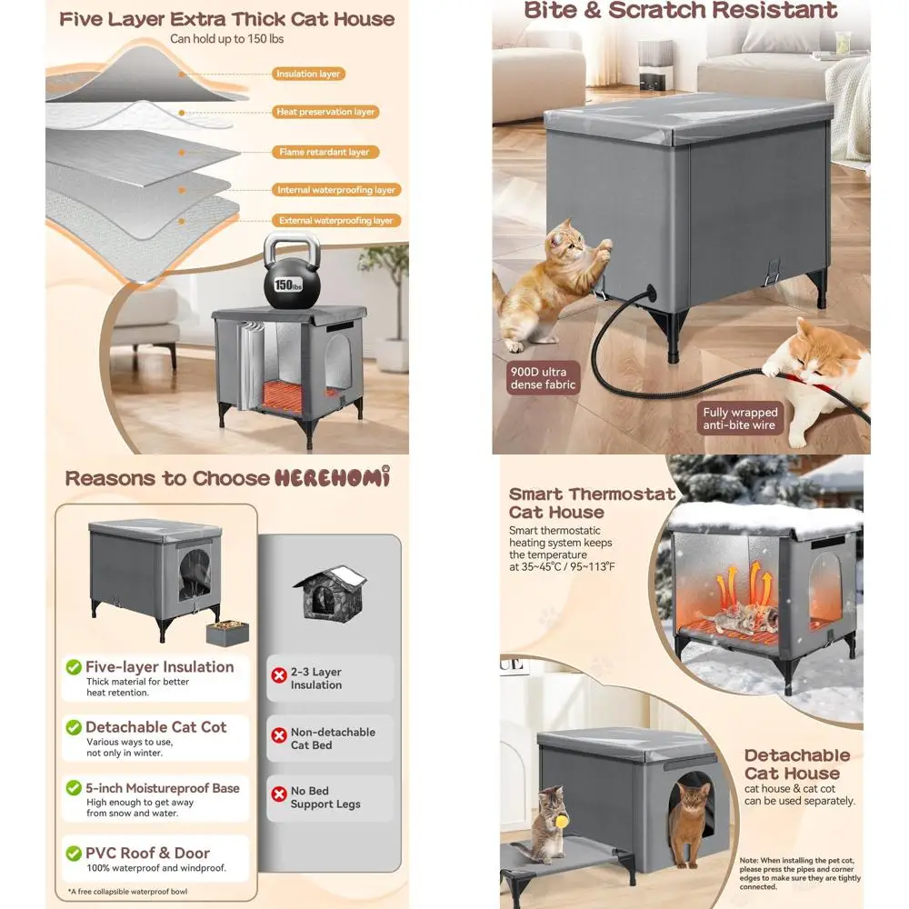 

Insulated Outdoor Cat House with Static Heating Pad for Large Gray Stray Cats