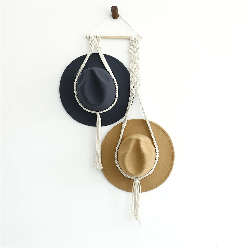 Nordic Boho Cotton Hanging Hat Organizer Display Rack Storage Cap Holder Scarf Hanger Multilayer Macrame Tapestry Wall Decor