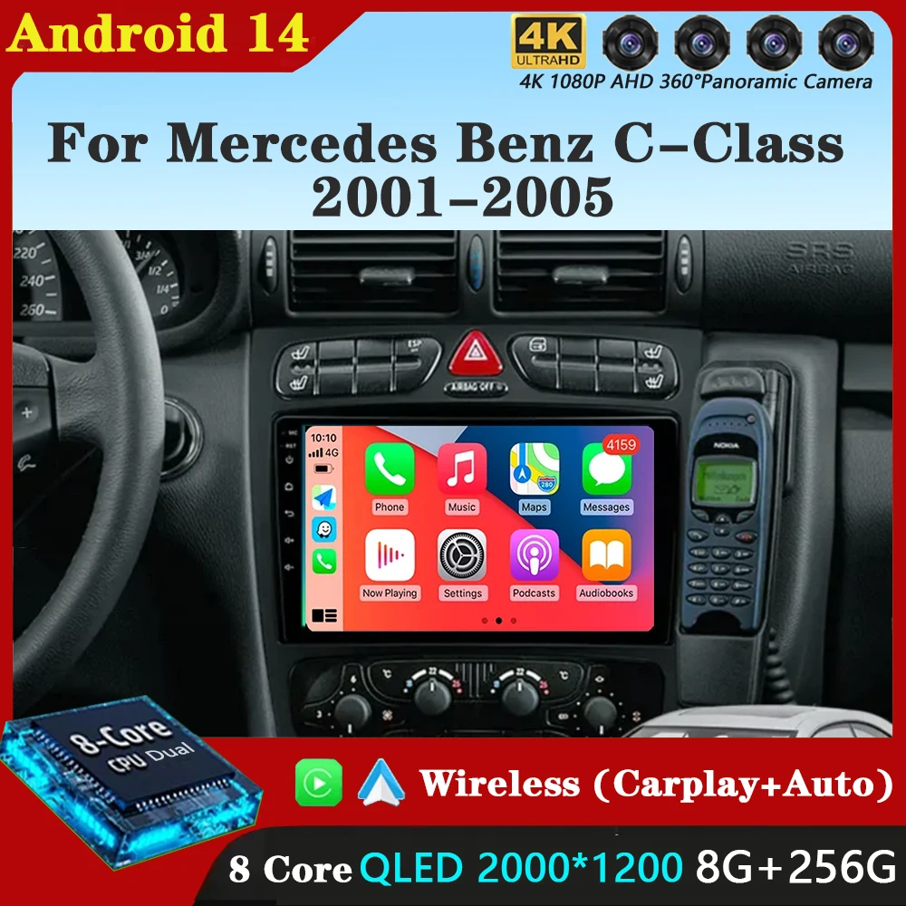 Android 14 Car Radio For Mercedes Benz C-Class W203 C200 C320 C350 CLK W209 2002-2005 Navigation GPS Multimedia Player Stereo 4G