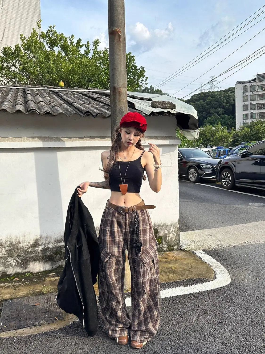 American Retro Keychain Check Pants Multi Pocket Cargo Parachute Pants Couple Scimitar Pants for Women