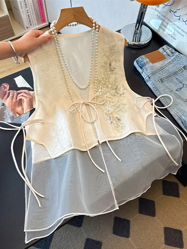 New Chinese Style Heavy Embellished Sequin Vest Women's Summer 2026 Mesh Patchwork Sleeveless Shoulder Pad Top