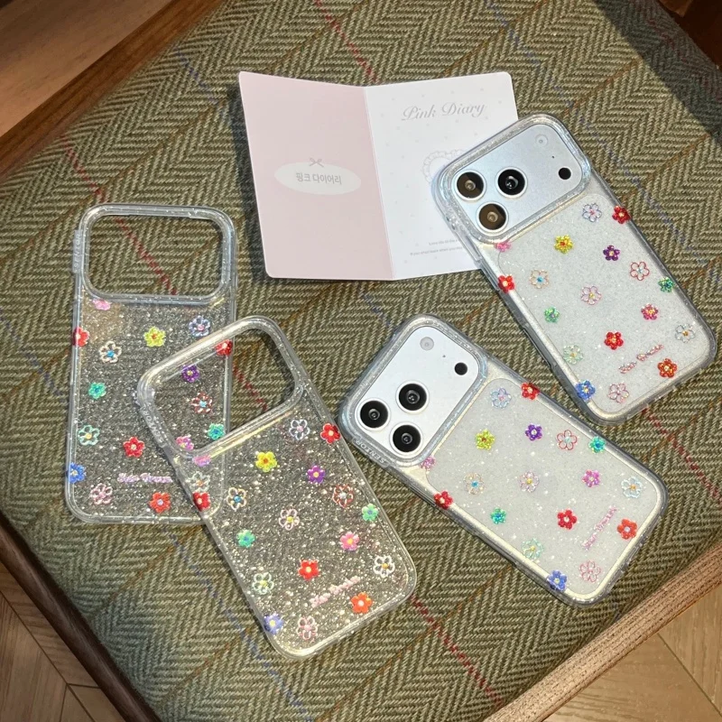 

Clear Glitter Color Small Flower Pattern Cute Phone Case For iPhone 17 Pro 16 15 14 Pro Max Back Cover Korean Cases For Girls Ca