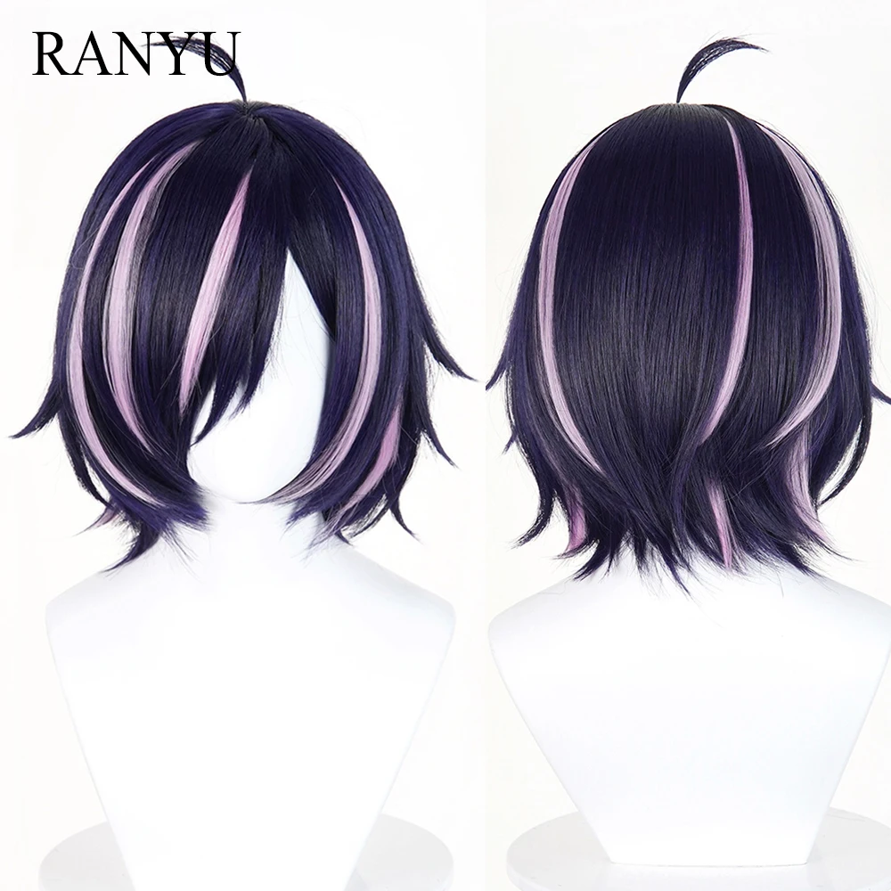 Purple Pink Highlights Synthetic Short Straight Wigs with Bangs Anime Game Cosplay Fluffy Wig for Daily Party