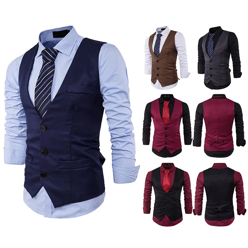 

New LO90205 Men's European and American Fashion Slim Single-breasted Three-button Solid Color Gentleman Groom Suit Vest