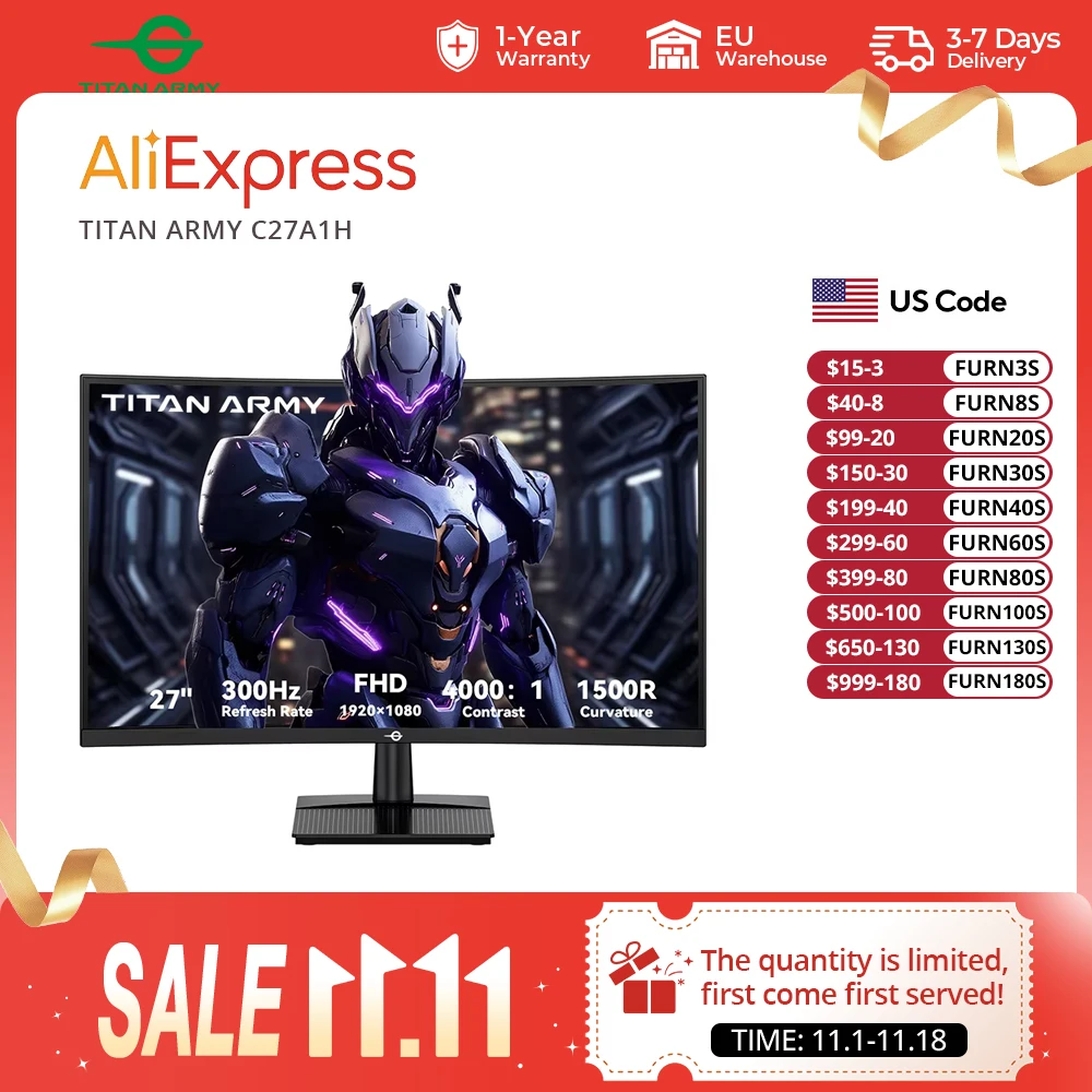 TITAN ARMY C27A1H Gaming Monitor, 27 inch 1500R Curved VA Screen, 1920*1080, 300Hz Refresh Rate,1ms GTG Response Time, FreeSync, HDR10, 4000:1 Contrast Ratio, Game+, Dynamic OD, 10 Scenario Modes, PBP & PIP Display, 2*HDMI2.0, 2*DP1.4, 1*Audio