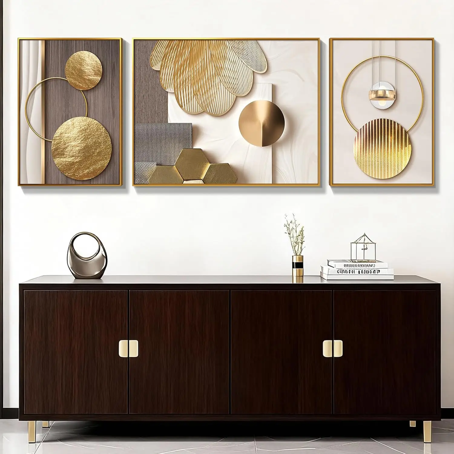 Large Framed Modern Rose Gold Wall Art 3 Pieces Aluminum Alloy Abstract Gold Beige Geometric Crystal Porcelain Artwork 55W 20H T