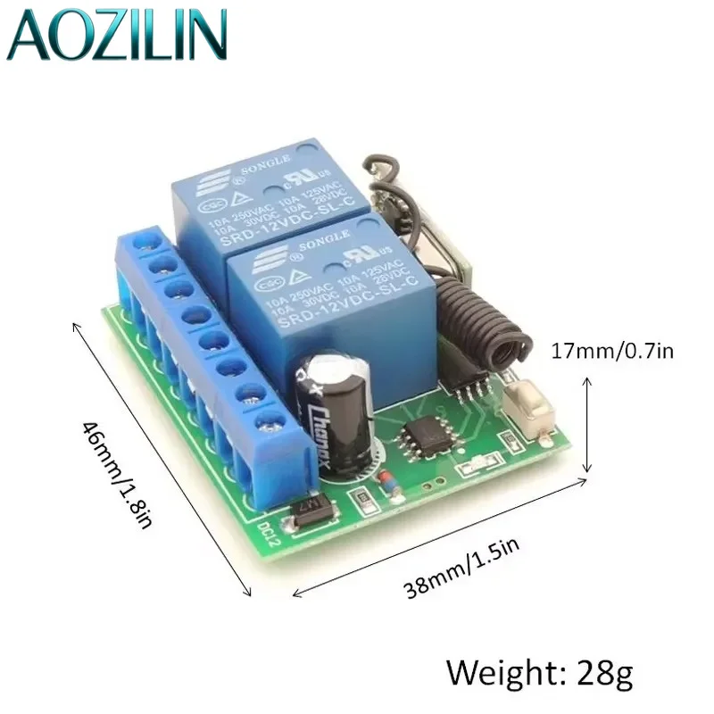 AOZILIN For 433MHz 315MHz Wireless RF Receiver Relay Switch DC 12V 2 Channel Module 1527 Learning Code Remote Control