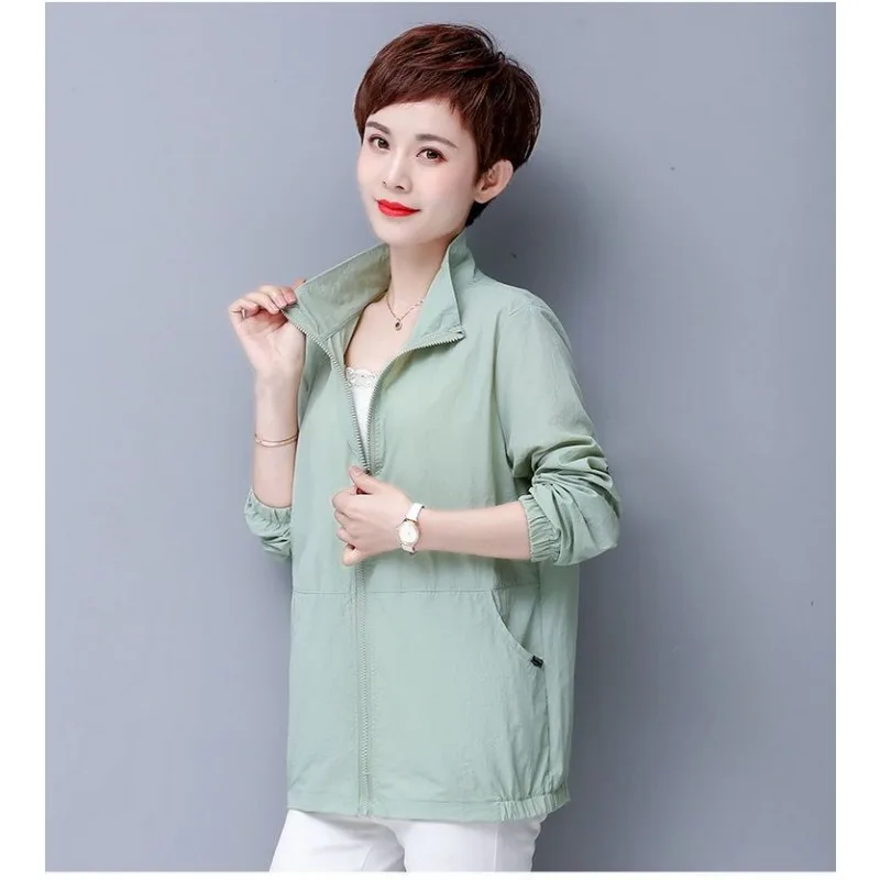 

Women's Solid Color Spring and Autumn High Neck Zipper Cardigan Pocket Long Sleeve Jacket Top