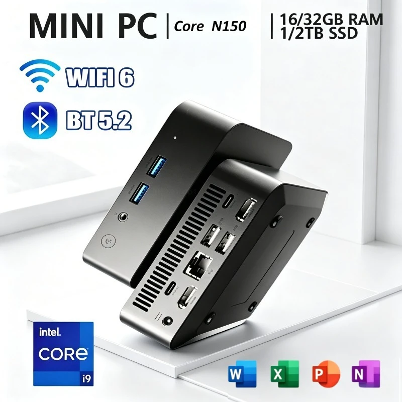 Computador Portátil Intel Core N150 com Windows 11 Pro, 32GB de RAM, 1/2TB SSD, WIFI 6, BT5.2, Mini PC para Jogos e Estudo em 4K 60Hz