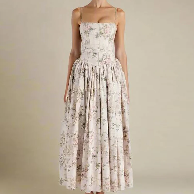 แม่ไมคิลาเบชุดเดรสยาวฤดูร้อนผู้หญิงพิมพ์ลายดอกไม้แขนกุดสลิมฟิตสายรัดปาเก็ตตี้ชุดเดรสเลดี้ ฟลอวี่ เอ-ไลน์ แม็กซี่เดรส