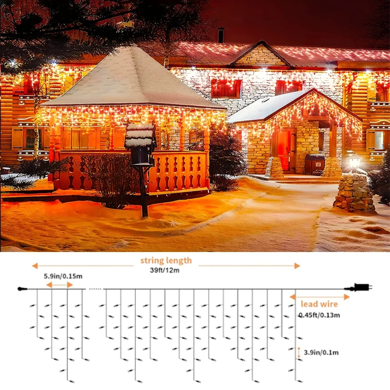 Halloween Icicle Lights, 8-mode Orange Purple lights Indoor and Outdoor, LED String Lights for Halloween Party Decoration