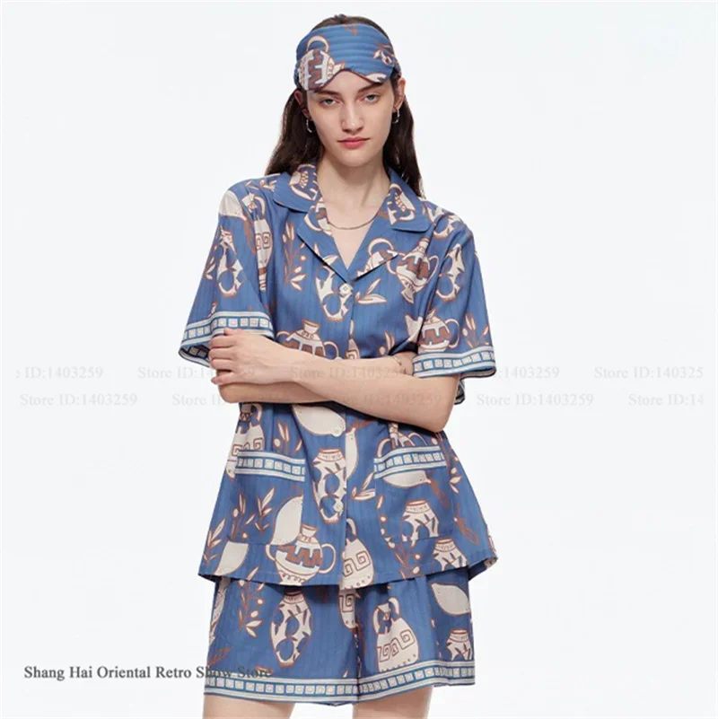 

Summer Female 2PCS Pajamas Set Loungewear Blue Print Cartoon Short Sleeve Shorts Pijamas Suit Loose Satin Homewear Loungewear