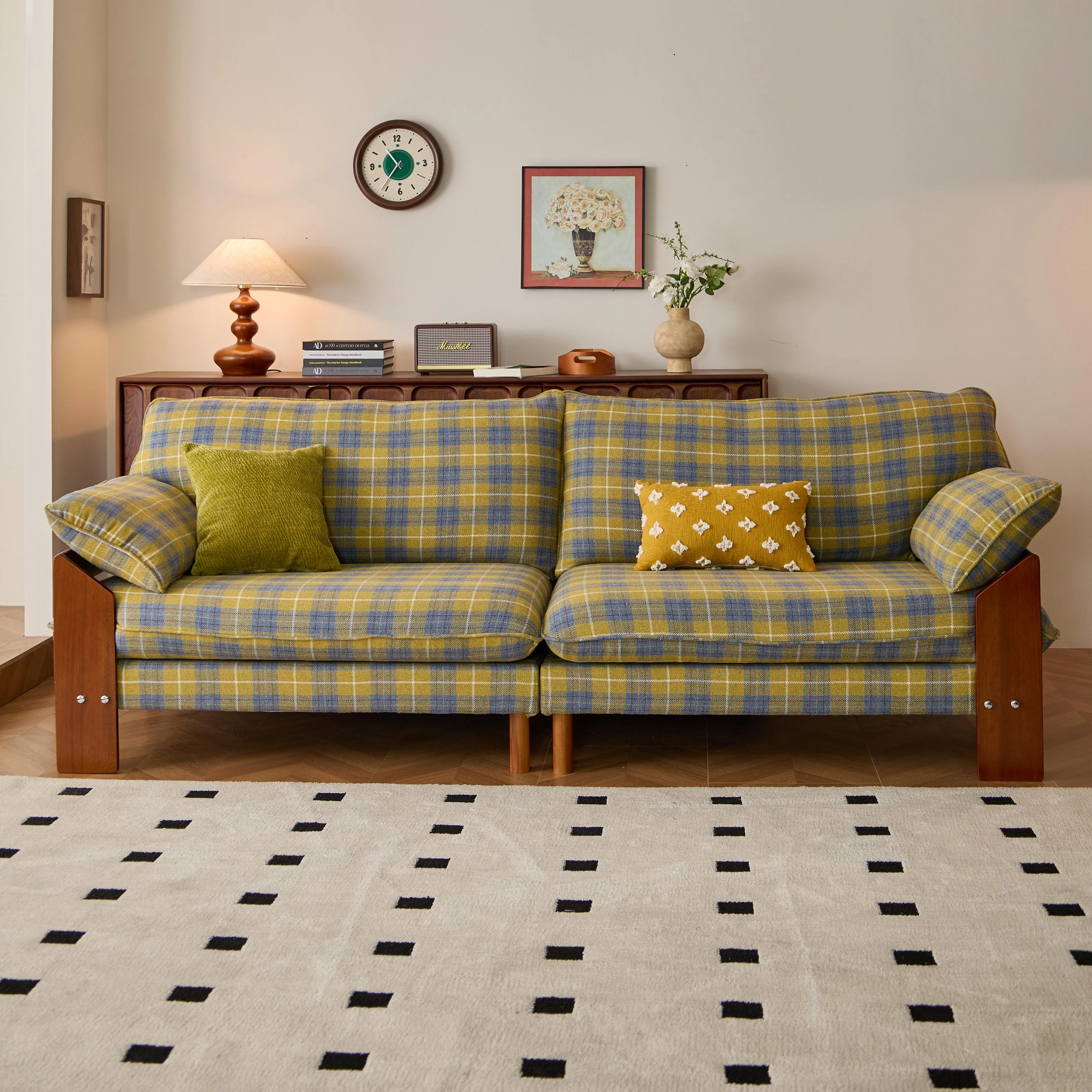 @#Antique Fabric Retro Check Designer Small Family Three-Person Solid Wood Sofa for Living Room Removable Washable