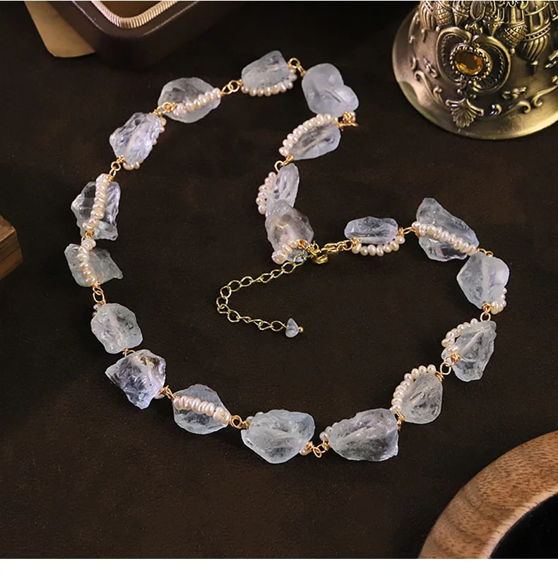 Minimalist Pearl Aquamarine Ocean Stone Neck Chain For Female Versatile Elegant Clavicle Necklace Jewelry Making Gift