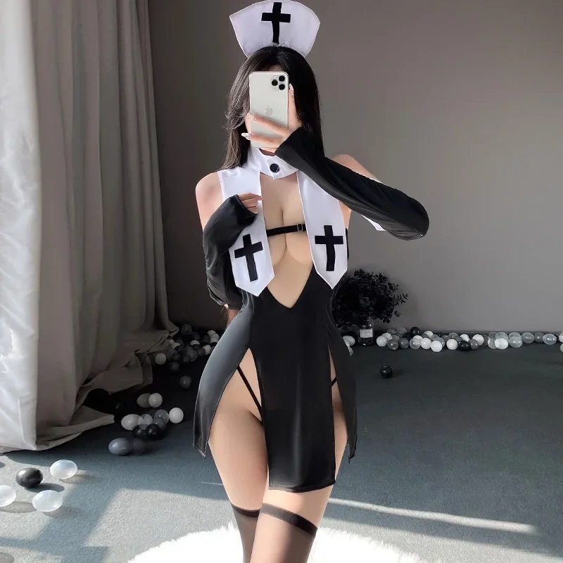 Disfraces de Cosplay de uniforme de monja Sexy para mujer, vestido de lencería erótica, trajes de fiesta sexual de Halloween para adultos, ropa de juego de rol porno