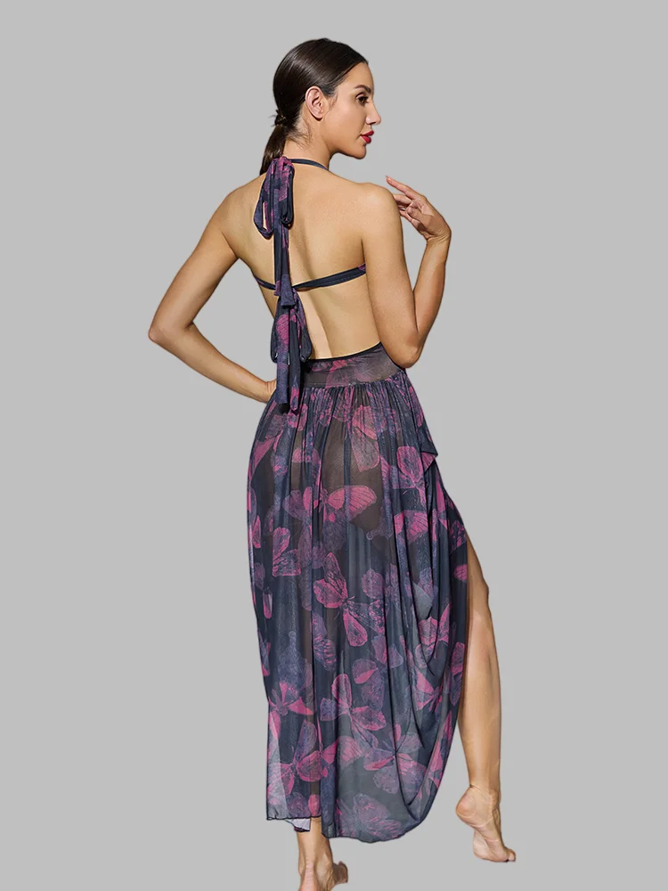 Butterfly Print Mesh Nightgown Sexy Backless Halter Night Dress Women Deep V Bandage Elegant Sleepwear Double Side Slit Pajamas