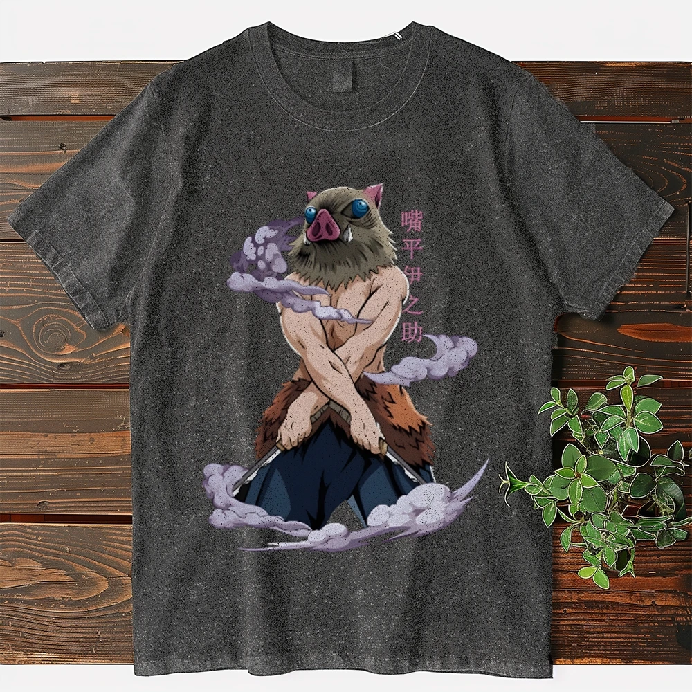 Anime Demon Slayer Hashibira Inosuke Oversized Washed shirt, Hip hop Streetwear Vintage Washed Short Tshirt For Men Women