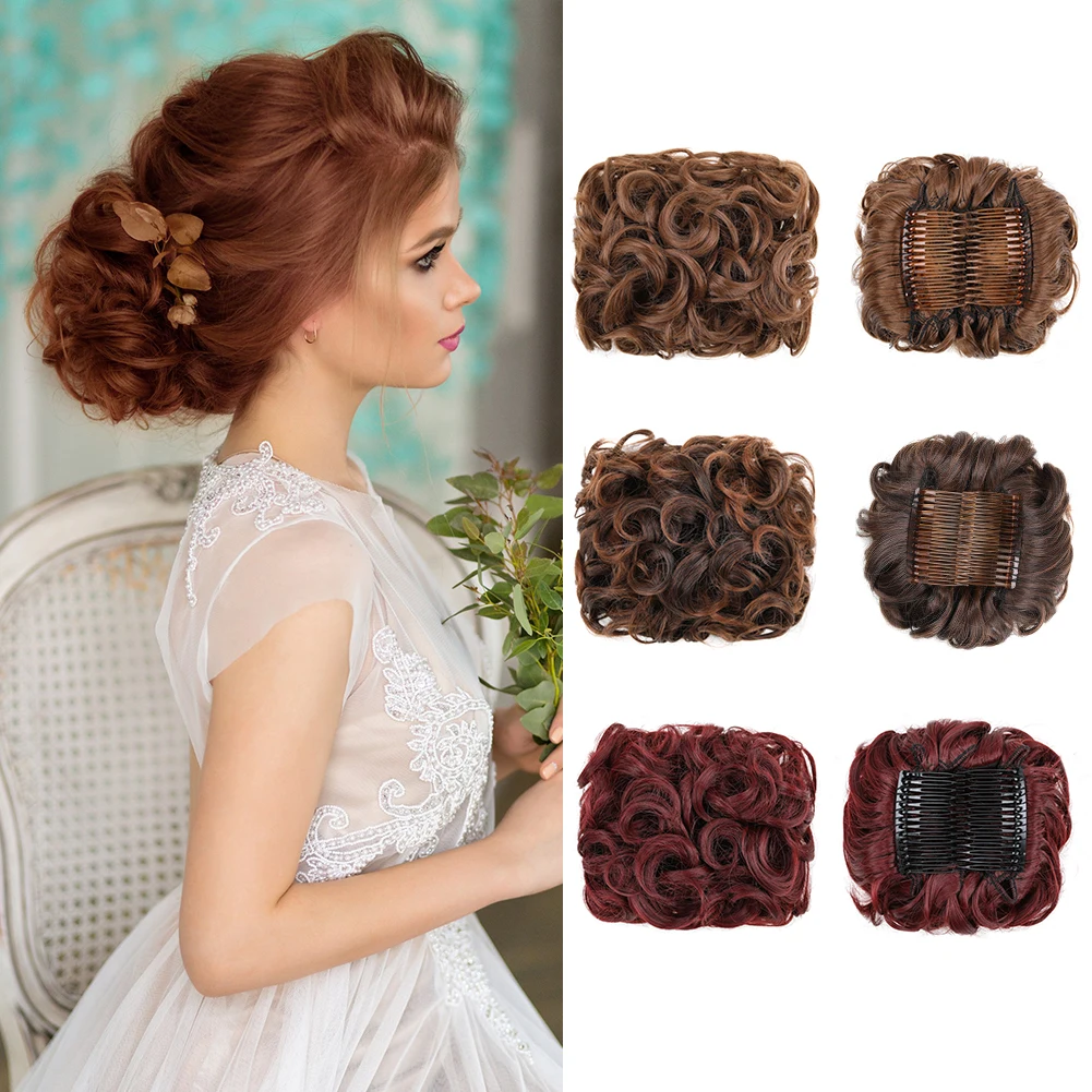 

Short Messy Curly Hair Bun Extension Easy Stretch Hair Combs Clip in Ponytail Extension 6 Inch High Quality Synthetic Hairpieces