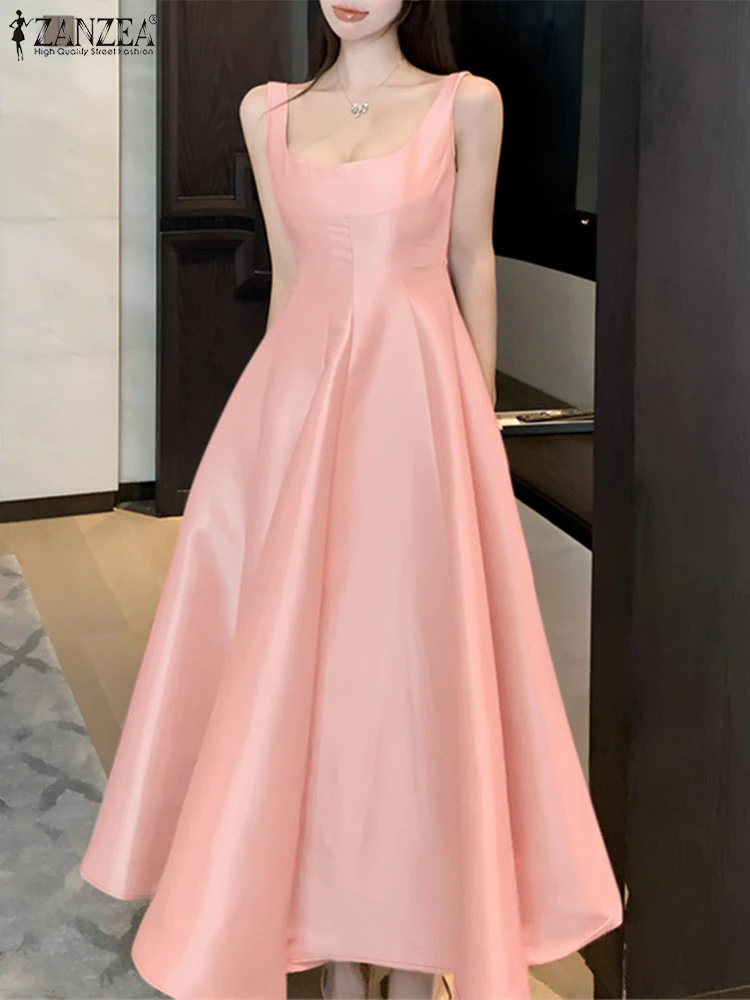 Stylowa damska długa sukienka seksowna sukienka bez rękawów ZANZEA elegancka kwadratowa szyja satynowa sukienka letnia szata Femme Clubbing Vestidos 2025