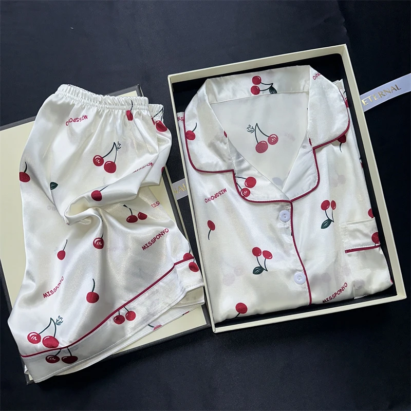 Cherries Print Two Pieces Pyjama Set Summer Faux Stain Pajamas Fashion Home Clothes Ladies Casual Shorts and Top Set Pijamas