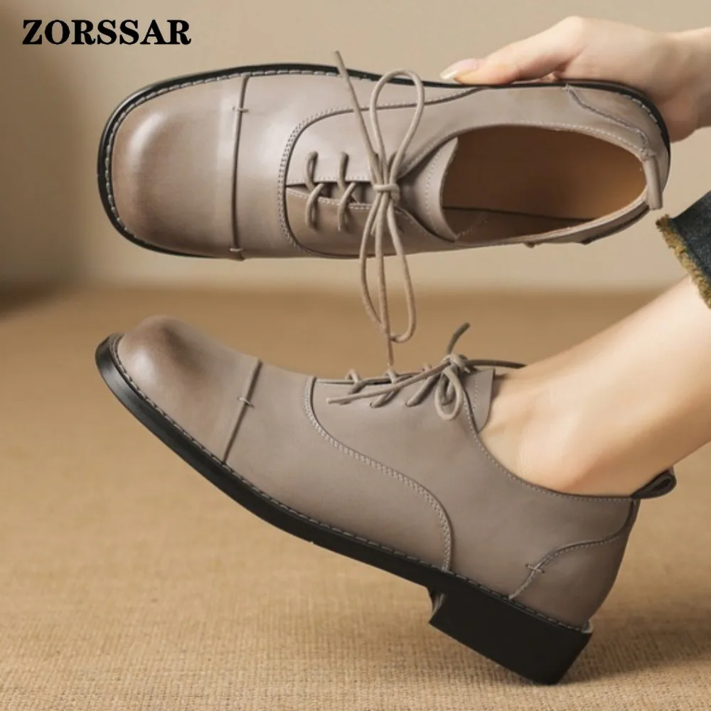 

Womens Square Toe Low Heel Oxford Shoes Retro Genuine Leather Lace Up Dress Pumps Comfortable Low Heel Business Office Shoes