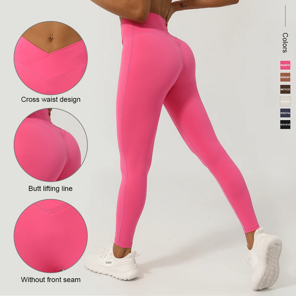 Women Cross Waist Fitness Leggings Solid Color Lifting Buttocks Yoga Tights Without Front Seam Workout Leggings