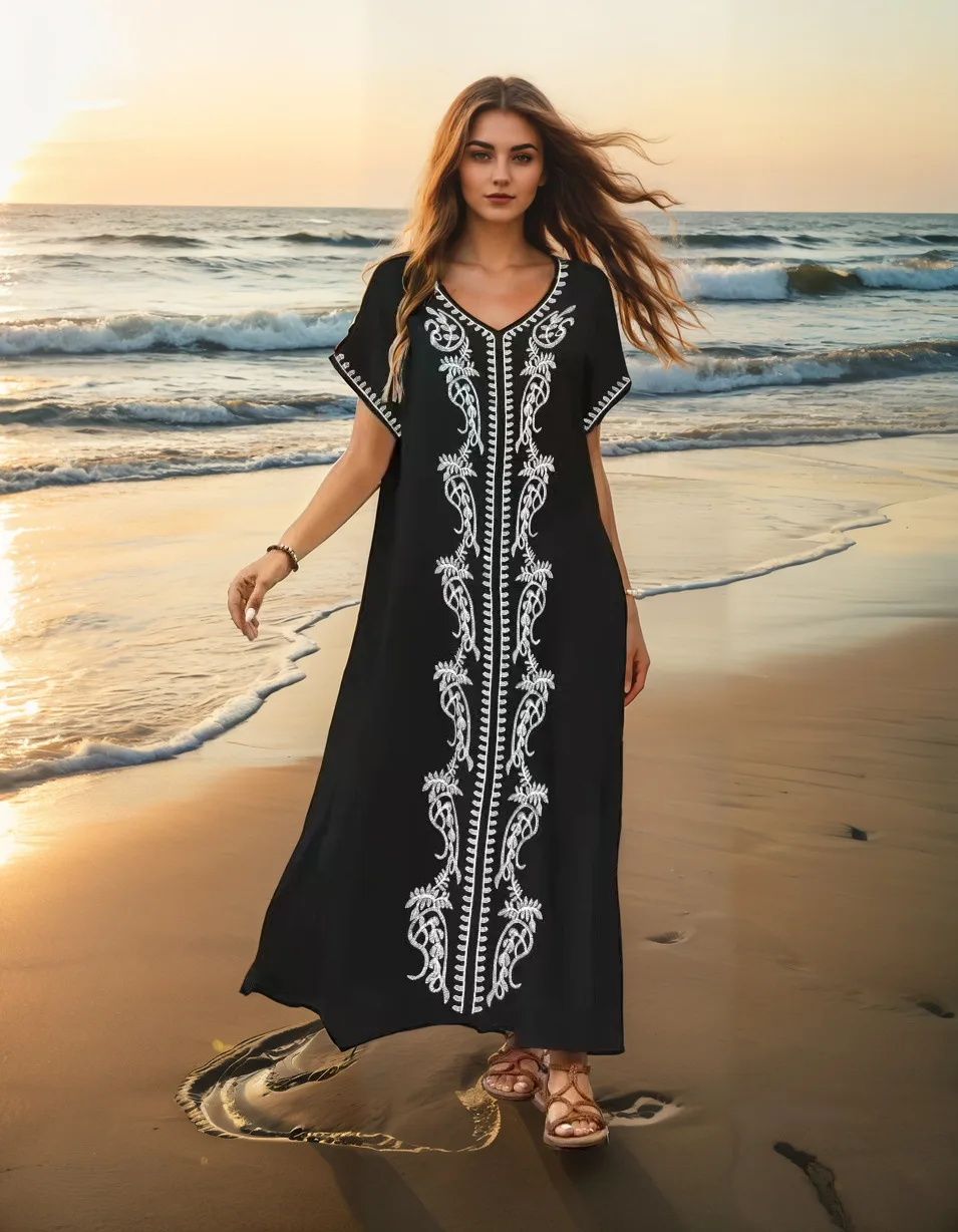 Abiti caftano da donna Costume da bagno con ricamo floreale Copricostume da bagno caftano con scollo a V