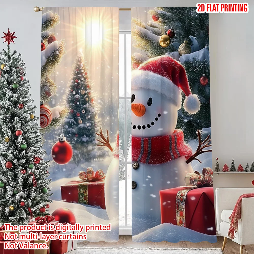 

2pcs 2D flat printing Merry Christmas Popular Window Curtains Christmas tree and snowman Versatile Fabric Without Electricity