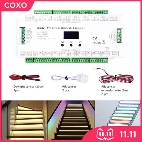 ES32 계단 LED 조명 컨트롤러 PIR 센서 32채널 단일 색상 2채널 RGB 픽셀 SPI LED 스트립 디머 센서 계단 조명 컨트롤러