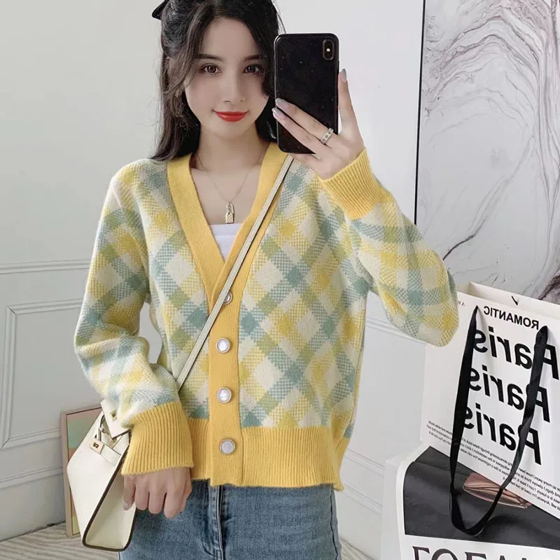 Zoki Women V Neck Sweet Cardigan Fall Loose Patchwork Long Sleeve Knitted Coats Vintage Casual Korean Female Elegant Cardigan