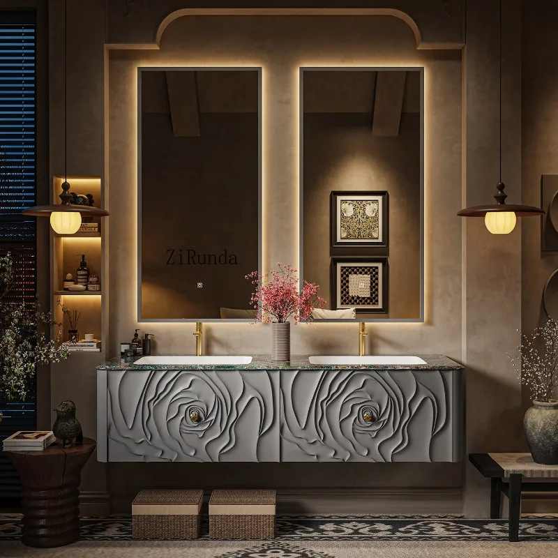 Double basin oak French floor-to-ceiling retro bathroom cabinet combination hand wash cabinet customization view 4
